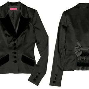 Betsey Johnson | Black Satin Velvet Ruffle Bow Tuxedo Blazer